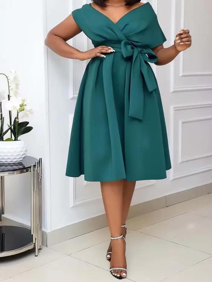 Robe de soirée élégante pour femme, col en V, manches courtes, épaules dénudées, à lacets, nœud, tai