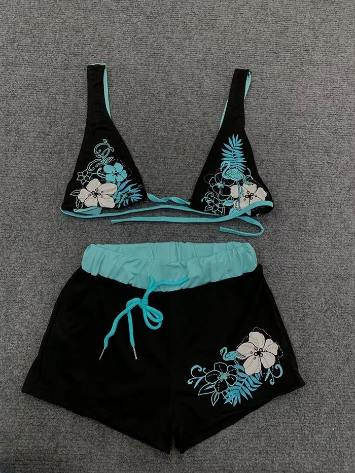 Été plage Ins mode chaude Sexy dames fendu deux pièces Bikini beau Vintage contraste fleur imprimé s