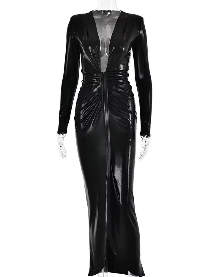 Articat Sexy V profond à manches longues à lacets robe plissée pour les femmes moulante fendu couleu