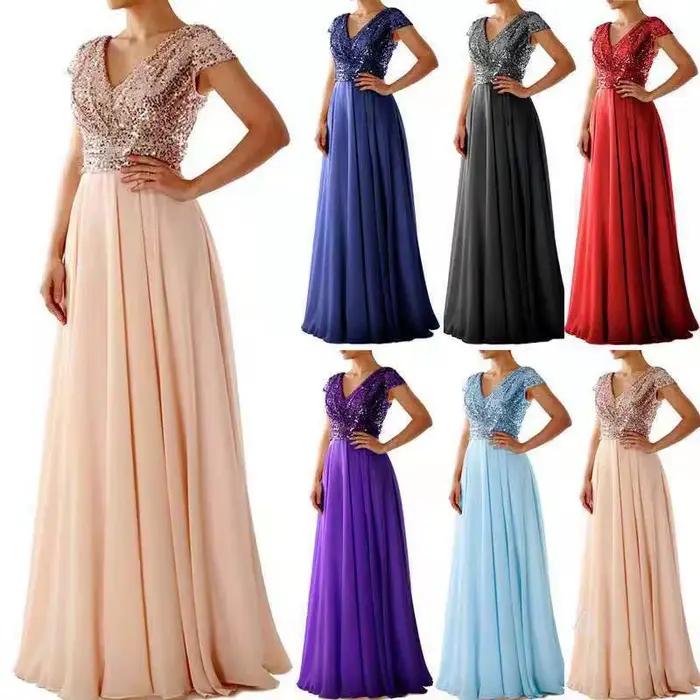 Robe longue à paillettes pour femmes, col rond, haut de rue, danse, mariage, Rhde promo, soirée, dem