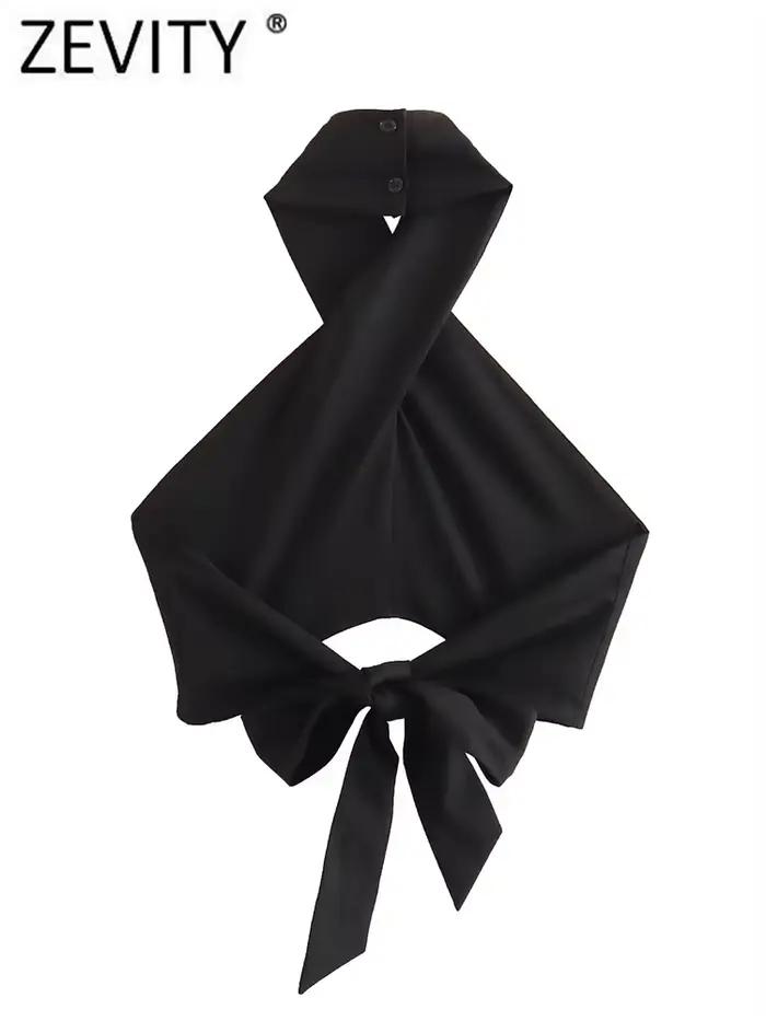 Zevity femmes Sexy sans manches dos nu nœud noué noir licou Blouse Femme sangle croisée chemise cour