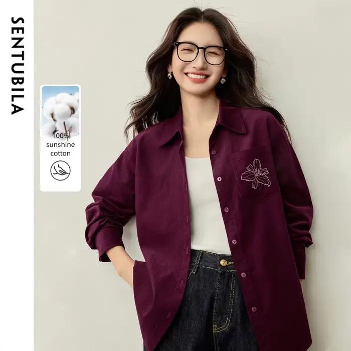 Chemise en velours côtelé de coton SENTUBILA pour femme, collection automne 2026, décontractée, brod