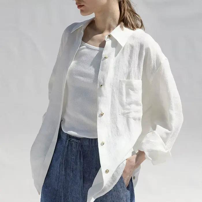 Chemisier surdimensionné à col rabattu pour femme, chemise décontractée en lin, manches longues, élé