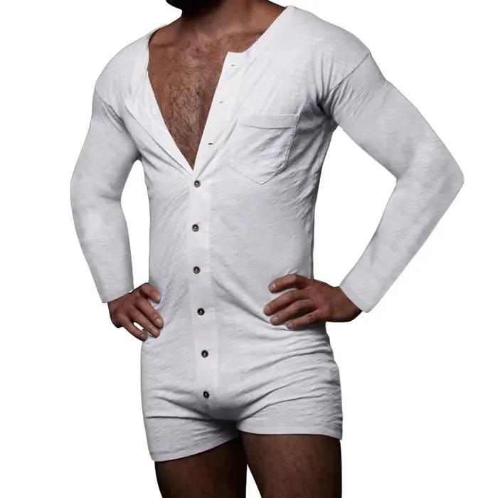 Barboteuse pyjama pour hommes, couleur unie, col rond, manches longues, boutons, combinaisons, vêtem