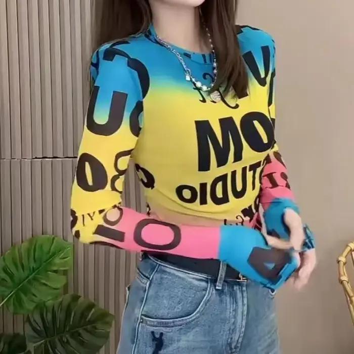 T-shirt slim en maille contrastante pour femme, style coréen décontracté, imprimé lettres, mode auto
