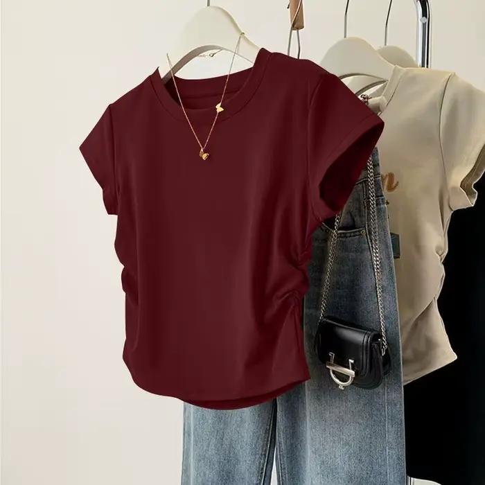 Haut d'été à manches courtes pour femmes, chemise de Base polyvalente, coupe cintrée, col rond, déco