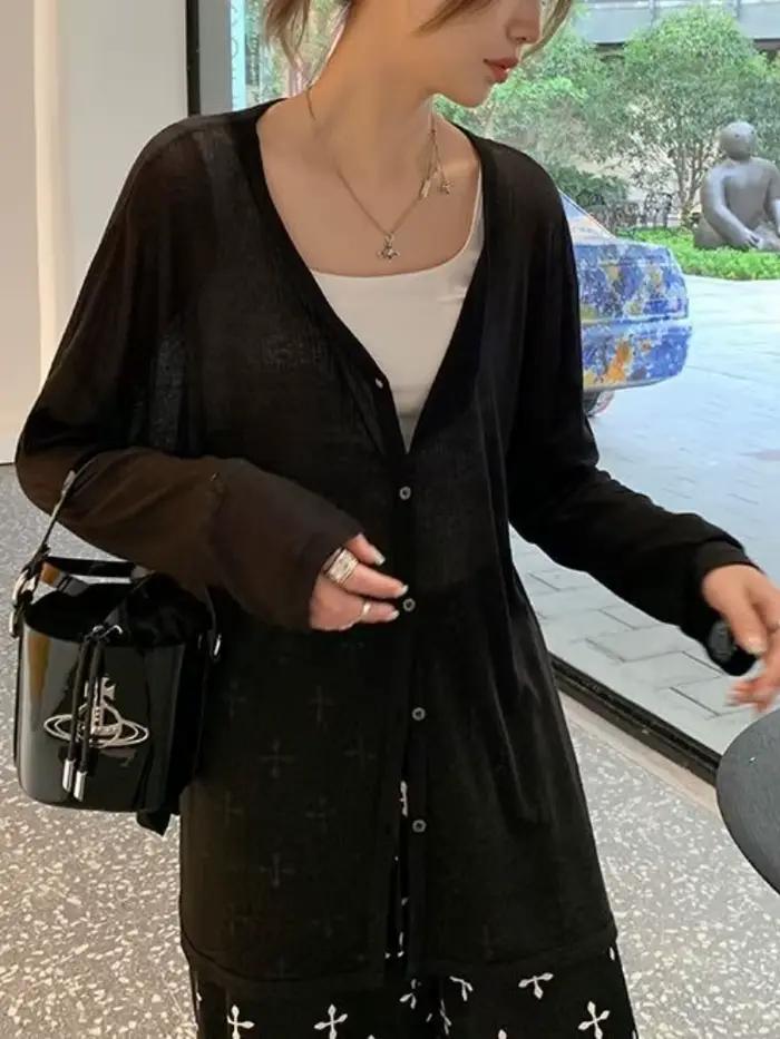 Cardigan léger à col en V et manches longues pour femme, veste de protection solaire printemps-été-a