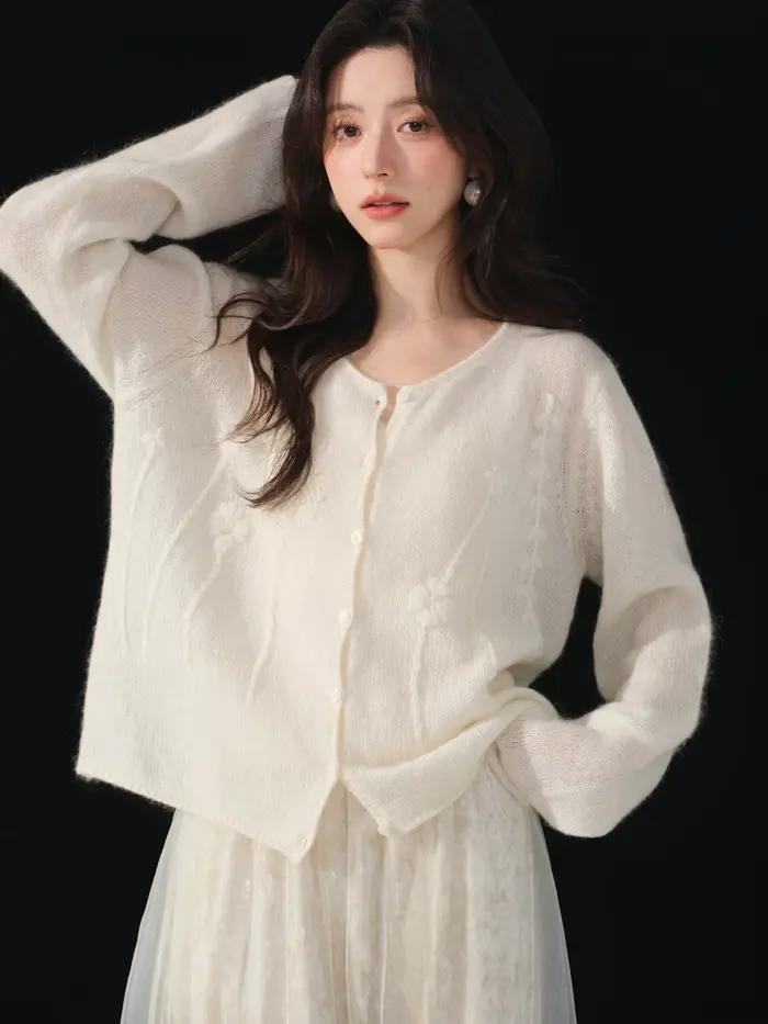 Cardigan en laine tricoté pour femme, col rond, manches longues, crocheté à la main, élégant et déco