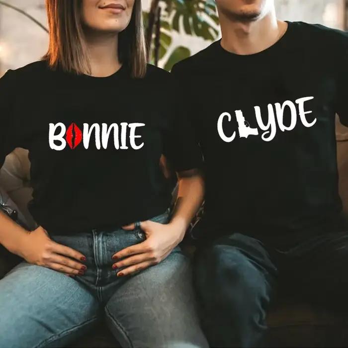 T-shirt à Manches Courtes et Col Rond pour Homme et Femme, Imprimé Bonnie Clyde Jules, Amoureux, Cou