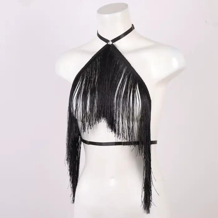 Haut licou à pampilles noires pour femmes, harnais élastique réglable, vêtements toutes saisons, hau