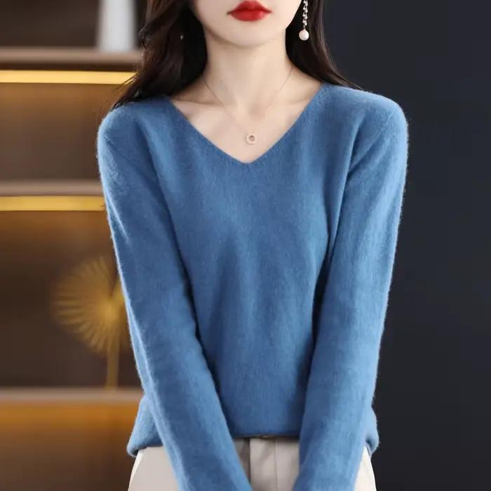 Pull en cachemire à col en V pour femme, 100% laine mérinos, pull basique, manches longues, tricots 