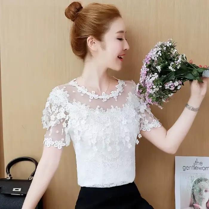 Été Version coréenne T-Shirt femmes nouvelle chemise en dentelle à manches courtes crochet creux dou