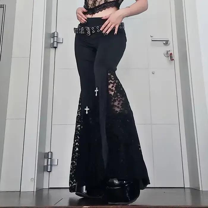 Goth – pantalon évasé en dentelle noire, Sexy, Patchwork, taille haute, Vintage, Harajuku, Hippie, P