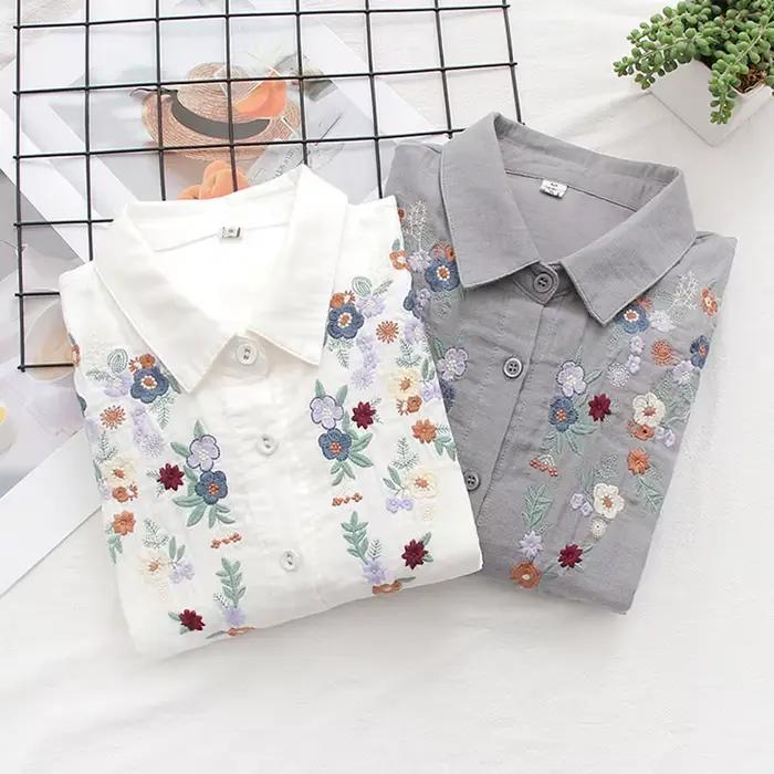 Chemise brodée de fleurs en fil double couche pour femmes, chemisier en coton femme, manches longues