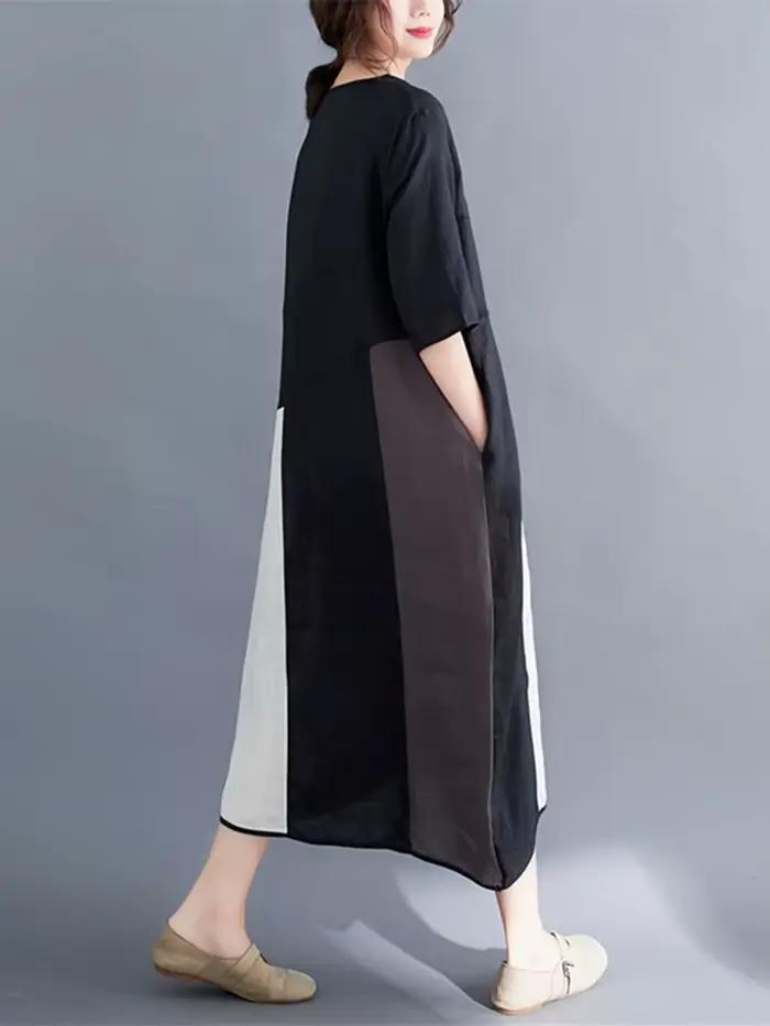 Robes en coton et lin vintage à contraste de couleurs pour femmes, nouvelle robe d'été décontractée 