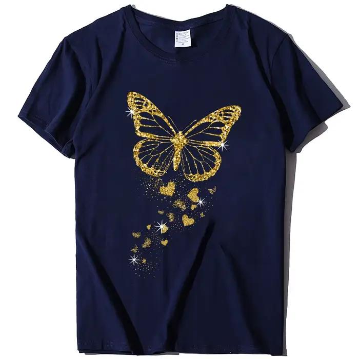 Papillon doré imprimé femmes t-shirt à manches courtes col rond femmes t-shirt dames t-shirt hauts v