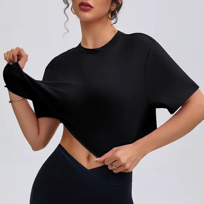 Anfilia femmes mode chemises de Yoga coupe ample col rond manches courtes 95% coton respirant gymnas