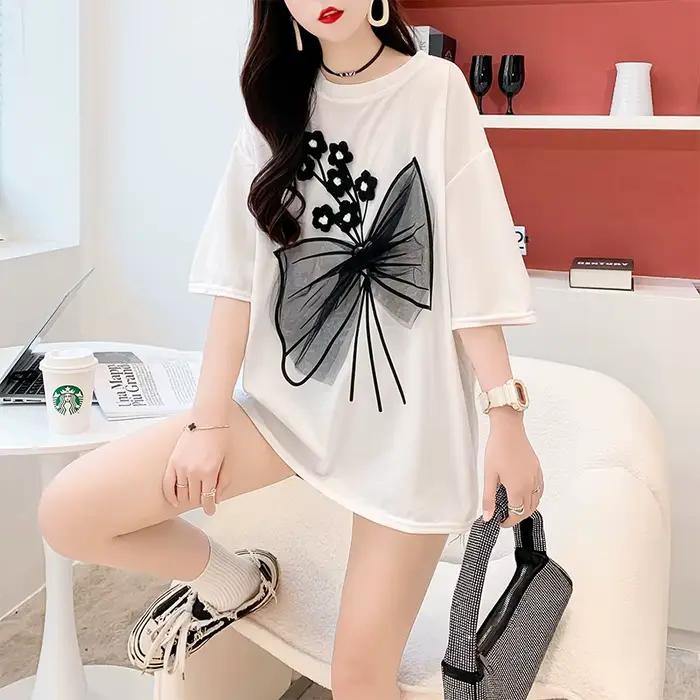T-shirt imprimé floral 3D Mesh Bow pour femmes, col rond, demi-manche, coréen, basique, doux, nouvea