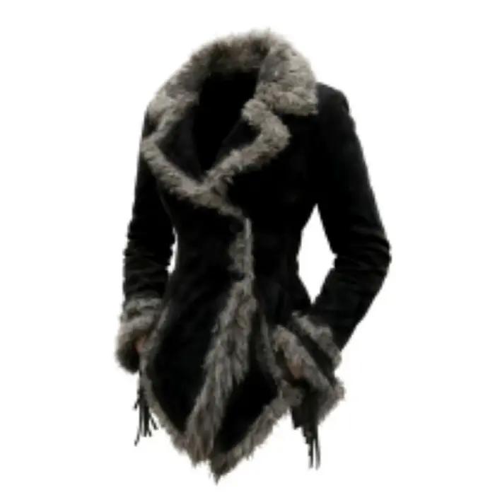 Manteau en daim Vintage pour femmes, manteau à revers avec col en fourrure, manteau de Style mendian