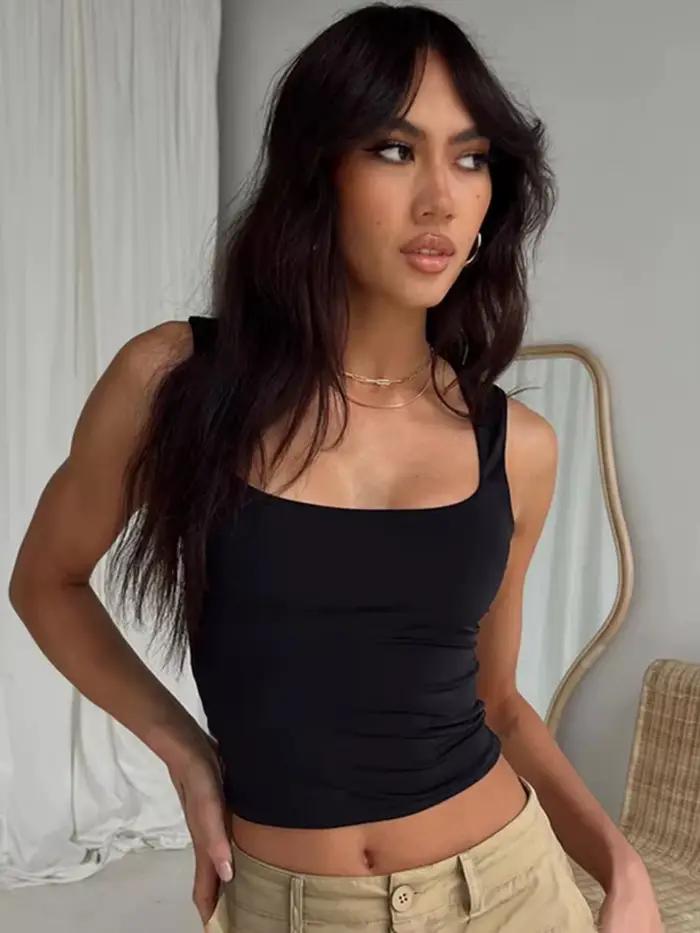Haut court à col en fibre pour femme, T-shirt noir, Précieux, Y2K, Été, Sexy, 2024