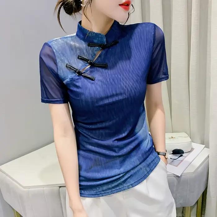 Économie en maille fine à boutons vintage pour femmes, t-shirts extensibles à manches courtes, t-shi