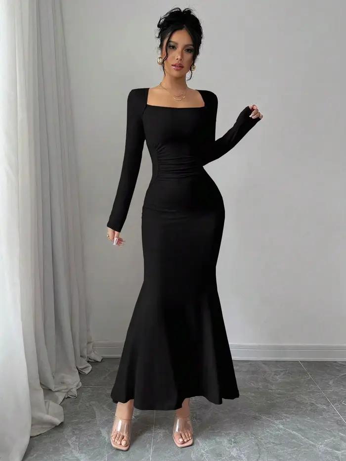 Robe quatre saisons pour femmes, nouveau Style, tempérament élégant, rétro, couleur unie, col carré,