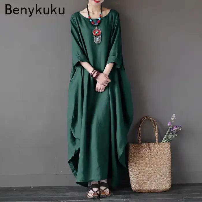 Vintage longue robe Maxi femmes à manches longues grande taille caftan Baggy ample coton lin robes d