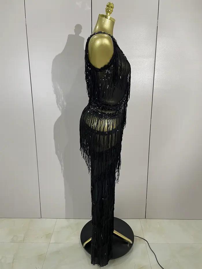 Combinaison à franges et paillettes pour femmes, strass noirs scintillants, tenue Sexy pour boîte de