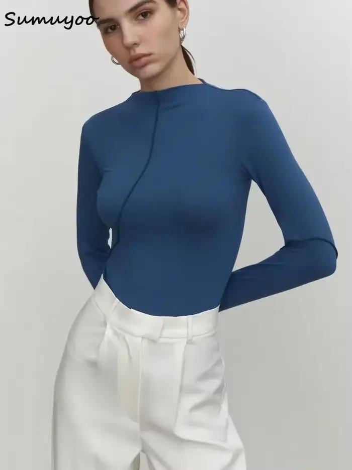 Summkoo-T-shirt Slim Fit à manches longues pour femmes, Économie Streetwear basiques, Demi-col roulé
