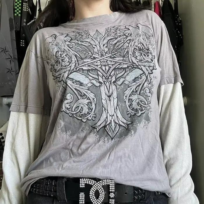 T-shirt à manches longues imprimé crâne graphique vintage, Y2K Cyber Aesthetic, Y-Patchwork Tee, Got