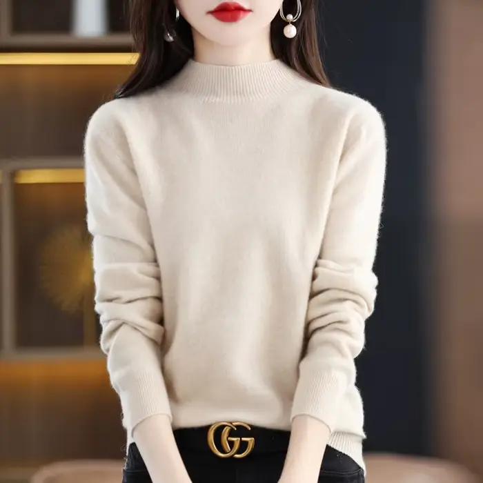 Pull en laine mérinos pour femme, pull sans couture, pull à col mi-haut, base décontractée, cachemir