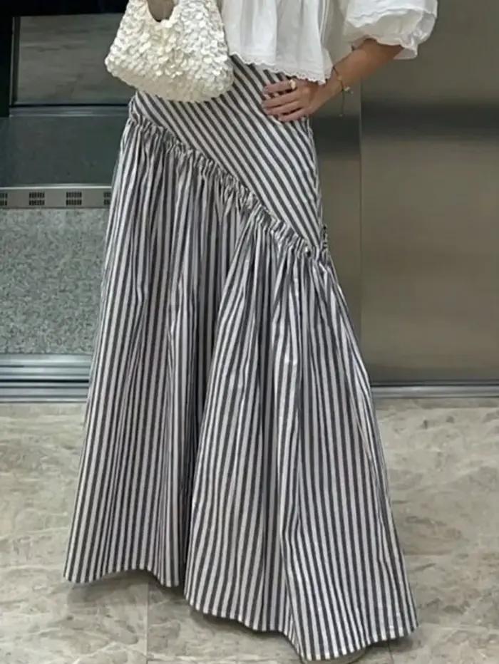 Jupe longue maxi rayée taille haute asymétrique froncée fluide coupe trapèze pour femme, idéale pour