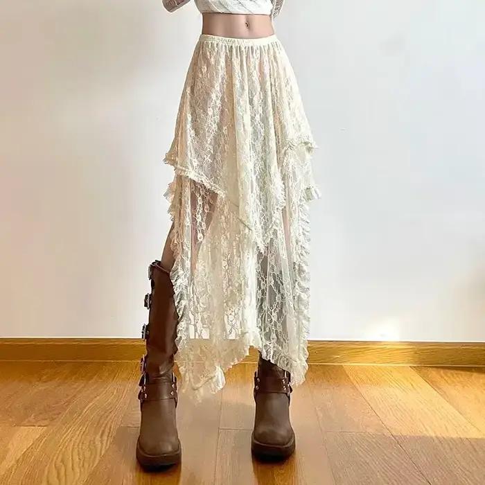 Jupe asymétrique en dentelle Fairycore pour femmes, Vintage Y2K Boho, mode esthétique, taille haute,