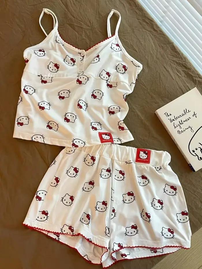 Ensemble pyjama kawaii Hello Kitty, débardeur anime, short pour fille, tenue décontractée pour étudi
