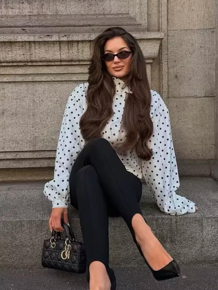 Blouson Bomber Femme Tendance à Pois, Veste Longue Ample à Manches Longues pour le Printemps, Mantea