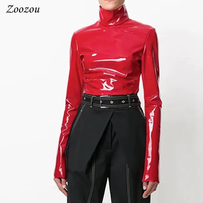 Pull à col roulé en similicuir verni pour femme, chemise à manches longues en Y, pull en PVC avec fe