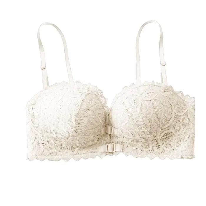 Soutien-gorge push-up sans armatures à boutons avant en V profond, anti-affaissement, en dentelle, p