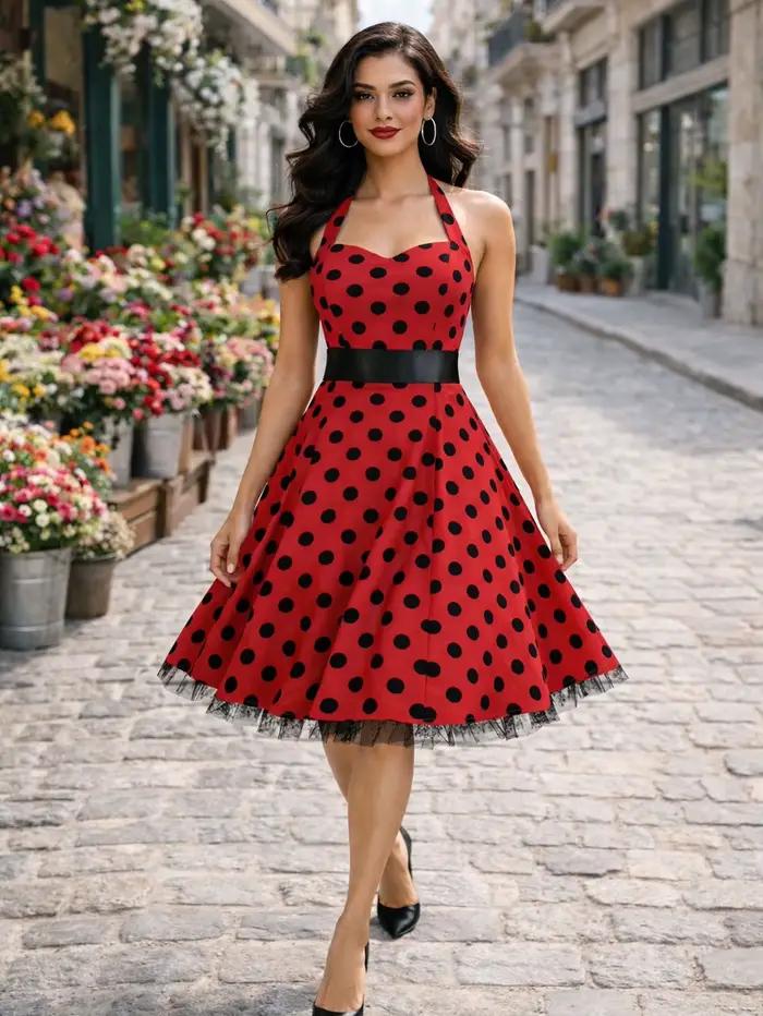 Robe vintage pour femme, style Hepburn, col halter, à pois, élégante, coupe évasée, style années 50,