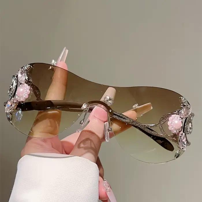 KAMMPT – lunettes de soleil Y2k sans bords avec strass pour femmes, monobloc, décoration extérieure,