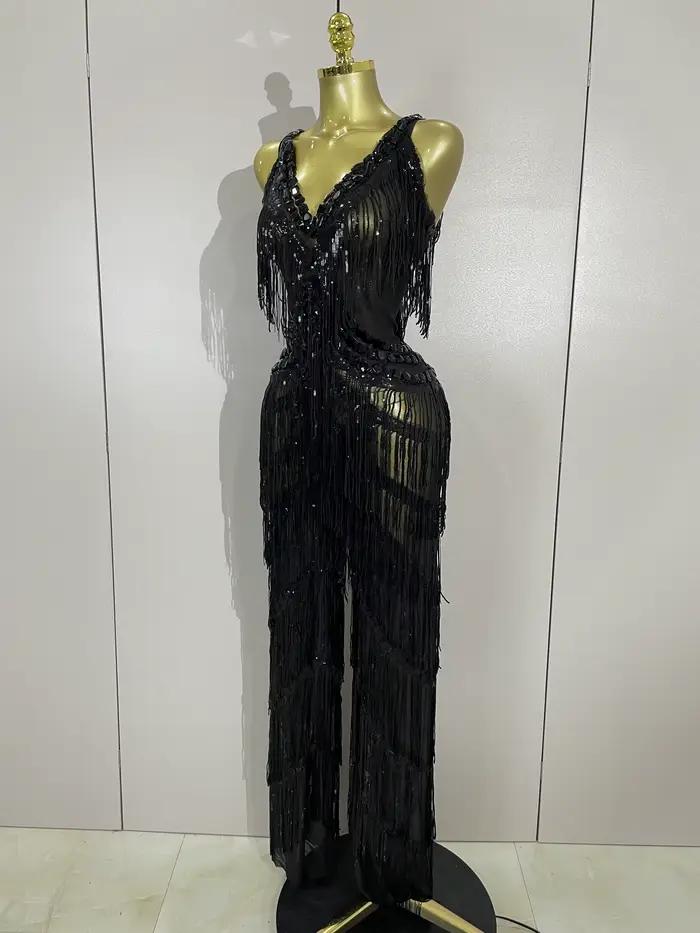Combinaison à franges et paillettes pour femmes, strass noirs scintillants, tenue Sexy pour boîte de