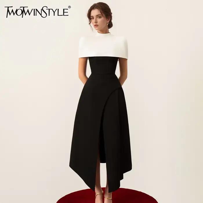 TWOTWINSTYLE détachable cape robes élégantes pour les femmes col carré sans manches taille haute hit