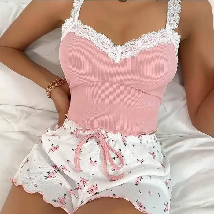 Ensemble pyjama 2 pièces pour femme, rose, dentelle, patchwork, col en V, tenue de nuit sexy, haut d