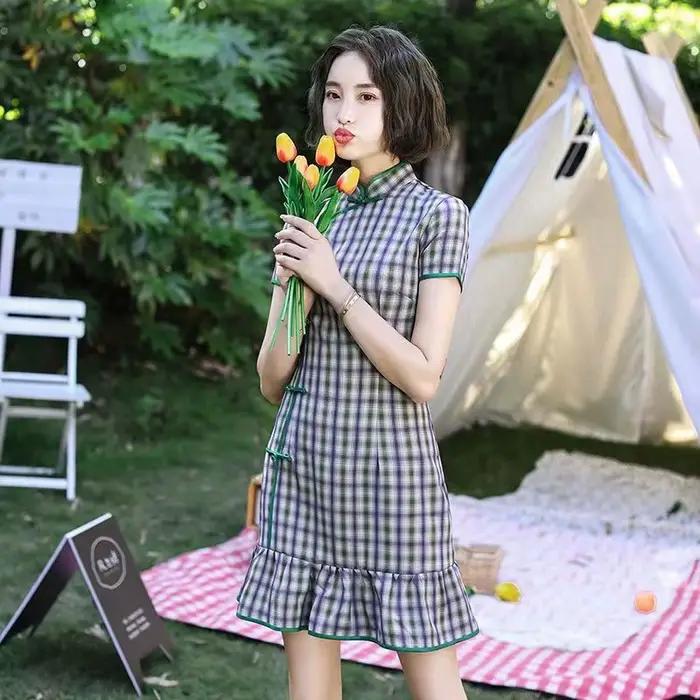 Qipao – robe à carreaux en coton pour femmes, motifs Vintage à rayures, tenue de soirée élégante, ét