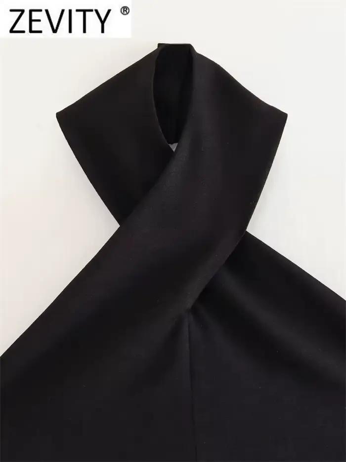 Zevity femmes Sexy sans manches dos nu nœud noué noir licou Blouse Femme sangle croisée chemise cour