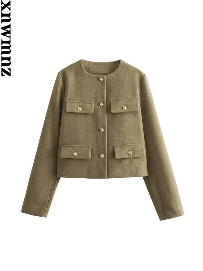 XNWMNZ-Veste courte vintage à col rond pour femme avec poche à rabat, blazer femme polyvalent, manch