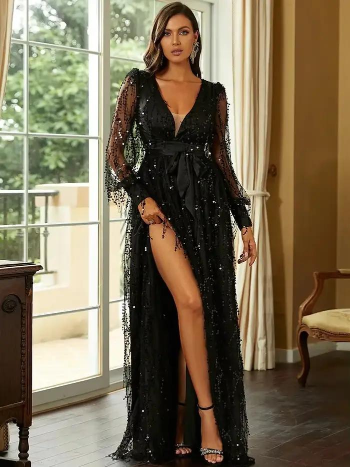 InjMesh Sequin Display Banquet fur s for Women, Robe de soirée, Robe longue, Noir, Élégant, Indépend