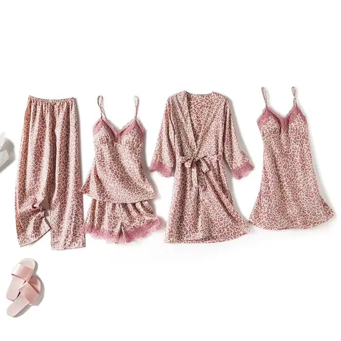 Ensemble de pyjamas en rayonne pour femmes, peignoir à imprimé léopard rose, chemise de nuit décontr