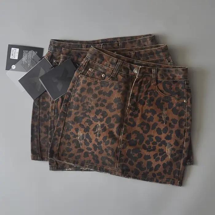 Mini-jupes taille haute pour femmes, jupes léopard à la mode, denim vert vintage, jupe de combat déc