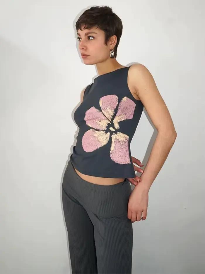 Débardeur court imprimé floral pour femmes, ajusté, col bateau, sans manches, haut d'été pour fête, 