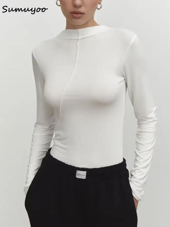 Summkoo-T-shirt Slim Fit à manches longues pour femmes, Économie Streetwear basiques, Demi-col roulé